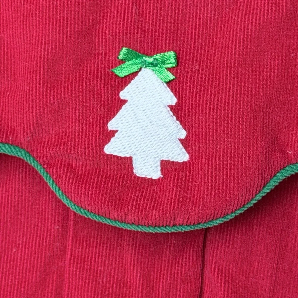 Girls' Red Holiday Corduroy Dress with Green Trim